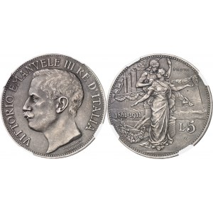 Victor-Emmanuel III (1900-1946). Essai de 5 lire pour le cinquantenaire du Royaume 1911, R, Rome.