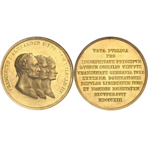 Alexandre Ier (1801-1825). Médaille d’Or au poids de 10 ducats, création de l’Alliance contre la France, par J. Lang 1813.