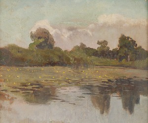 Józef CHEŁMOŃSKI (1849-1914), Pejzaż mazowiecki z jeziorem, ok. 1910