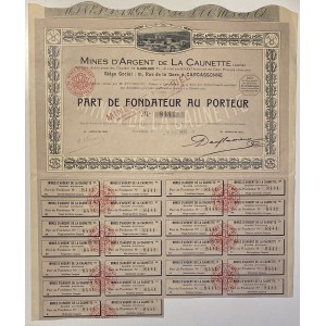 France Carcassonne Caunette (Aude) Silver Mining Company Founders Share 1925