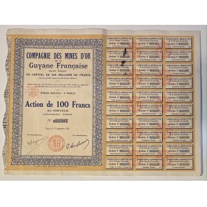 French Guiana Paris French Guiana Gold Mining Company Share 100 Francs 1926