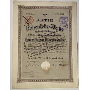 Germany / Poland Hohenlohehütte Hohenlohe-Werke Mining Company Share 1000 Reichsmark 1905