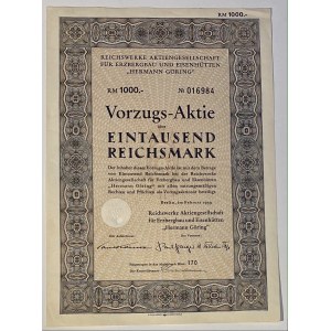 Germany Berlin Hermann Göring Factory for Ore Mining and Ironworks Preferred Share 1000 Reichsmark 1939