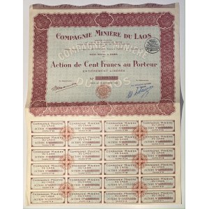Lao Paris Laos Mining Company Share 100 Francs 1928