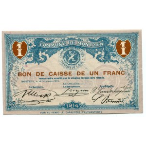 Belgium 1 Franc 1914 Commune De Montzen