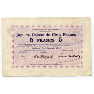 Belgium 5 Francs 1914 Commune De Sprimont. 22.12.1914.