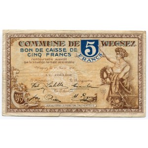 Belgium 5 Francs 1915 Commune De Wegnez