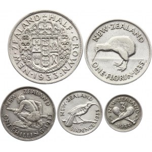 New Zealand Lot of 5 Silver Coins 1933-35
