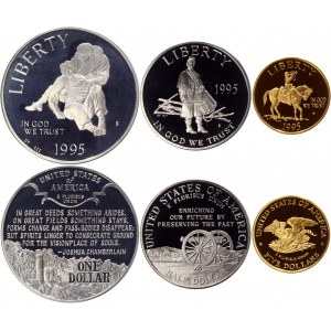 United States Civil War Battelefield 3 Coins Set with 5 Gold Dollars 1995 S Original Box & Certificate