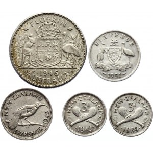Australia - New Zeland Lot of 5 Silver Coins 1939 -51