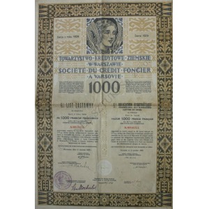 6% List zastawny 1000 franków. Towarzystwo Kredytowe Ziemskie w Warszawie (1929)