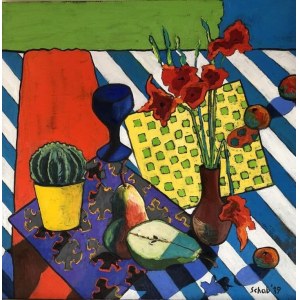 Dawid Schab ( 1973 ), Still life with sapphire glass , 2019
