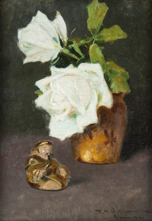 Feliks Michał Wygrzywalski (1875 Przemyśl - 1944 Rzeszów), Kwiaty białej róży i figurka buddy, 1941 r