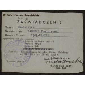 12 Pułk Ułanów Podolskich.Dwa zaświadczenia.