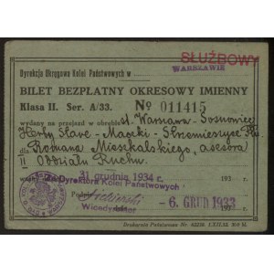Bilet Bezpłatny Okresowy Imienny nr. 011415 Służbowy Warszawa.