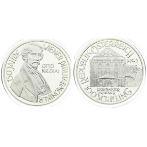 Austria 100 Schilling 1992 Averse: Theater building; value below. Reverse: Bust of Otto Nicolai; 3/4 right...