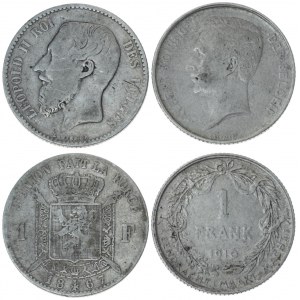 Belgium 1 Franc 1867 & 1910. Averse: Head left. Reverse: Crowned arms on ornate shield divide denomination. Silver...