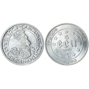 Belgium 5 ECU 1987 30th Anniversary - Treaties of Rome. Baudouin(1951-1993). Averse: Denomination...