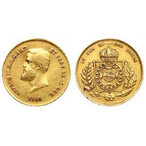 Brazil 5000 Reis 1856 Pedro II(1831 - 1889)). Averse: Head left. Reverse: Crowned arms within wreath. Gold...