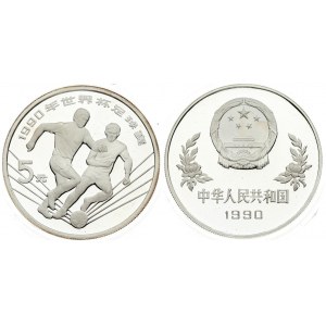 China 5 Yuan 1990 FIFA World Cup. Averse: National emblem; date below. Reverse: Two soccer players side by side. Silver...