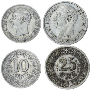 Denmark 10 & 25 Øre 1907-1911(h) Frederik VIII(1906-1912). Averse: Head left; initials GJ below. Reverse: Value; date...