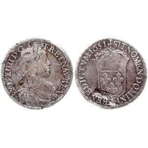 France 1/2 Ecu 1651 A Louis XIV(1643-1715). Averse: Bust with long curl. Reverse: Crowned arms of France. Silver...