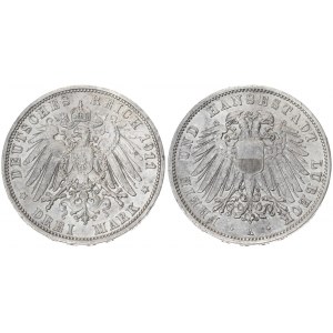 Germany LÜBECK 3 Mark 1911A Averse: Double imperial eagle with divided shield on breast. Reverse...
