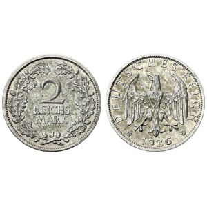 Germany Weimar Republic 2 Reichsmark 1926J Averse: Eagle above date. Reverse: Denomination within wreath. Silver...