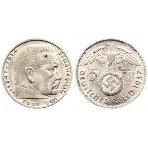 Germany Third Reich 5 Reichsmark 1937G Averse: Eagle above swastika within wreath. Reverse: Large head; right. Silver...