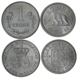 Greenland 25 Øre 1926(h) HCN GJ & 1 Krone 1960(h) . Averse: Crowned arms of Denmark. Averse Legend: GRØNLANDS STYRELSE...
