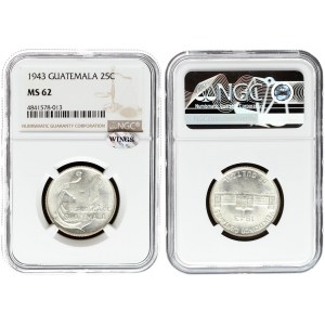 Guatemala 25 Centavos 1943(P) Averse: Quetzal and map of the state. Reverse: Government buildings. Silver. KM 253...