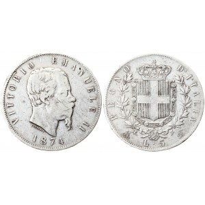 Italy 5 Lire 1874 M BN Vittorio Emanuele II(1861-1878). Averse: Head right. Reverse: Crowned shield within wreath...