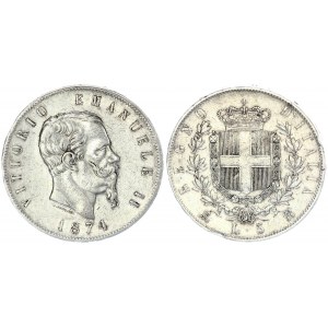 Italy 5 Lire 1874M BN Vittorio Emanuele II(1861-1878). Averse: Head right. Reverse: Crowned shield within wreath...