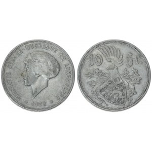 Luxembourg 10 Francs 1929 Charlotte(1919-1964). Averse: Head left. Reverse: Helmeted shield. Edge Description: Reeded...