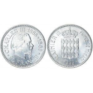 Monaco 10 Francs 1966 (a) 100th Anniversary - Accession of Charles III. Rainier III(1949-2005). Averse: Head right...