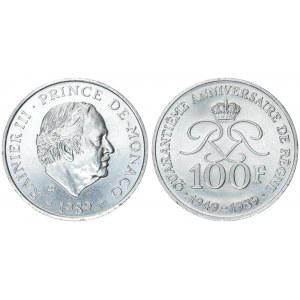 Monaco 100 Francs 1989 40th Anniversary of Reign. Rainier III(1949-2005). Averse: Head right. Reverse...