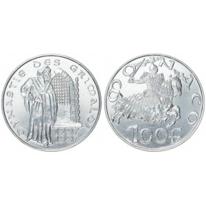 Monaco 100 Francs ND(1997) 700th Anniversary - Grimaldi Dynasty. Rainier III(1949-2005). Averse: Armored equestrian...