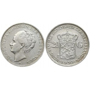 Netherlands 2-1/2 Gulden1930 Wilhelmina I(1890-1948). Averse: Head left. Reverse: Crowned arms divide value...