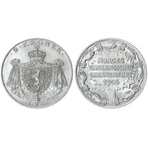 Norway 2 Kroner 1906 Norway Independence. Haakon VII(1905-1957). Averse: Crowned mantled shield. Reverse...