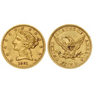 USA 5 Dollars 1861. 'Coronet Head'; Small type - No motto. Averse: Liberty (coronet head) facing left...