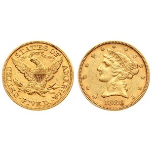 USA 5 Dollars 1880 Philadelphia. Liberty / Coronet Head - Half Eagle With motto. Averse...