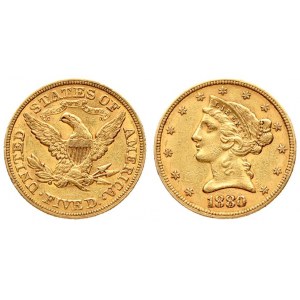USA 5 Dollars 1880 Philadelphia. Liberty / Coronet Head - Half Eagle With motto. Averse...