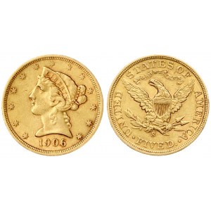 USA 5 Dollars 1906 S San Francisco. Liberty / Coronet Head - Half Eagle With motto. Averse...