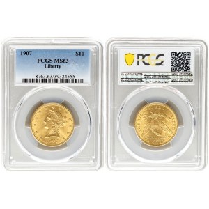 USA 10 Dollars 'Coronet Head - Eagle' 1907 Philadelphia; with motto. Averse: Bust to left above date; 13 stars around...