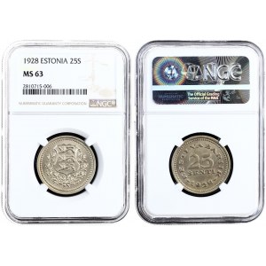 Estonia 25 Senti 1928 Averse: National arms wreath surrounds. Reverse: Denomination above date. Nickel-Bronze. KM 9...