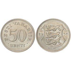 Estonia 50 Senti 1936 Averse: National arms divide date. Reverse: Denomination. Edge Description: Plain. Nickel-Bronze...