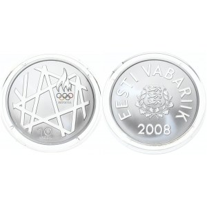 Estonia 10 Krooni 2008 Olympics. Averse: Arms. Reverse: Torch and geometric patterns. Silver. KM 48. With Box ...