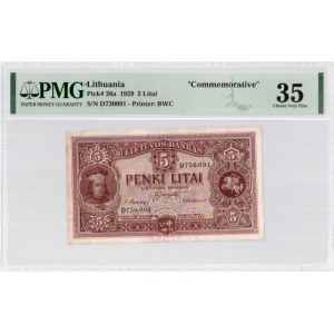 Lithuania 5 Litai 1929 Banknote Pick#26a 5 Litai. S/N D730091. Printer: BWC. PMG 35 Choice Very Fine