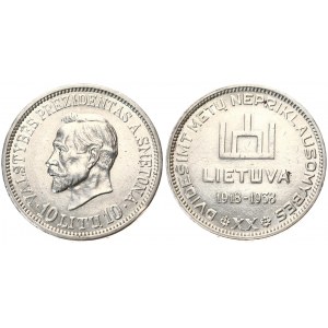 Lithuania 10 Litų (1918-1938) 20th Anniversary of Republic. Averse: Columns of Gediminas above LIETUVA and dates 1918...