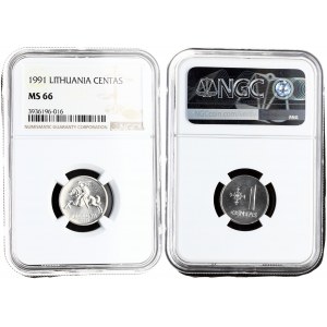 Lithuania 1 Centas 1991 Averse: National arms. Reverse: Large value to right of design. Aluminum. KM 85...